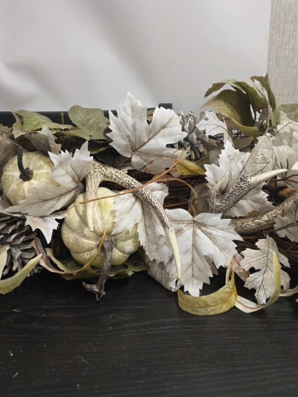 Fall Harvest Swag, Grapevine, Faux Antlers, Gourds, Pinecone, Green/white